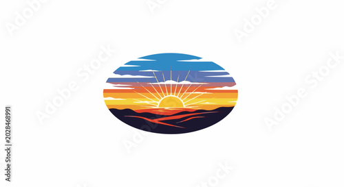Oval silhouette of a bright sun rising over colorful hills and sky