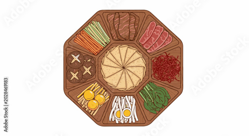Overhead view of a circular platter with various food items arranged in sections