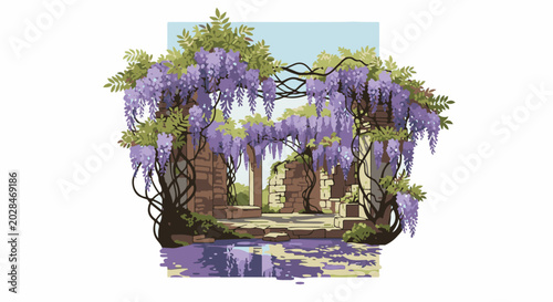 Overgrown ruins with purple flowers hanging above a reflective pool