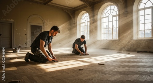 Two professional workers installing herringbone hardwood flooring in a spacious sunlit room with large arched windows.