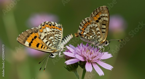 Two spotted butterflies perched on a blooming purple wildflower in a green meadow.