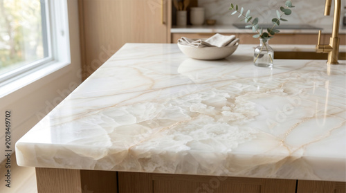 Luxury white onyx marble kitchen island countertop with natural beige veining