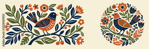 Set of elemental folk art illustrations featuring birds and botanical elements in a rustic linocut block print style.