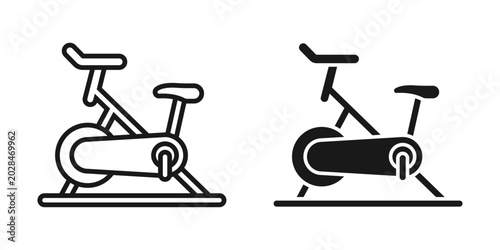 Exercise bike icon set. Black and white line art of stationary bikes for fitness and exercise concepts. Vector illustration on a white background.