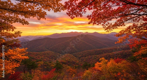 Vibrant autumn sunset panoramic view over rolling mountain hills with colorful foliage.