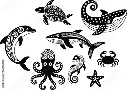 Foto Elegant tribal sea animal silhouettes featuring intricate patterns swimming gracefully across a bright clean white background
