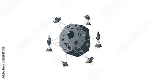 Asteroid mining network with spacecraft orbiting a celestial body