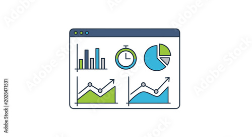 Digital dashboard with graphs, charts, and stopwatch for data analysis and performance tracking.