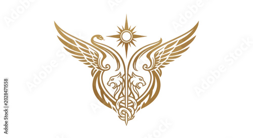 Golden Griffin and Serpent Emblem with Sun, Heraldic Symbol, Luxury Design