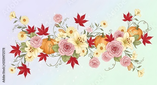 Elegant Floral Border with Roses Lilies and Pumpkins for Autumn Seasonal Design