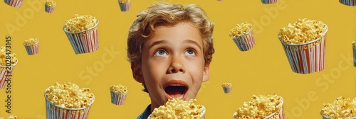 Excited Boy Surrounded by Popcorn Bags