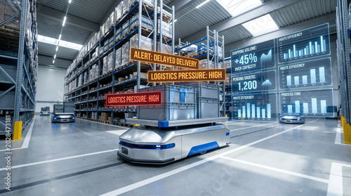 Autonomous warehouse robot transporting cargo in modern logistics facility. Industrial automated transport system with shelving units and storage racks.