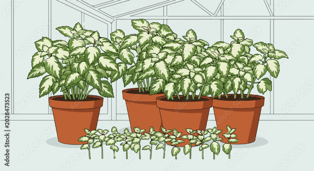 Fototapeta premium Potted variegated plants with small seedlings in front and a greenhouse structure behind