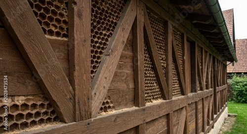 Wide view of a rustic timber framed building featuring intricate honeycomb patterned wall panels.