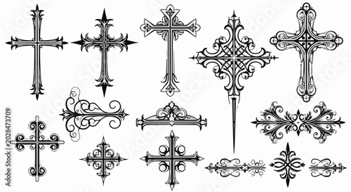 Ornate black and white ornate crosses and decorative elements