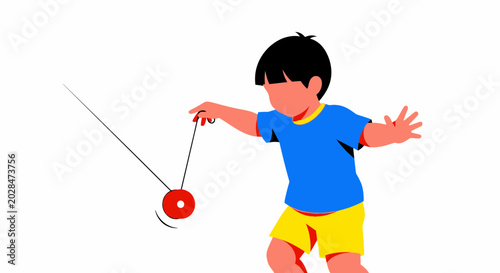 Young boy playing with a red yoyo toy.