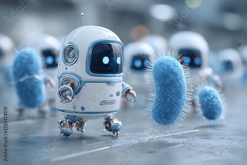 A futuristic scene featuring a white and blue robot alongside bacteria, representing technology's role in medicine and scientific research.
