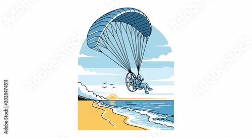 Person paragliding over a beach at sunset with birds flying