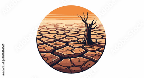 Pixel art depicting a stark, cracked earth landscape with a solitary dead tree under an orange sky