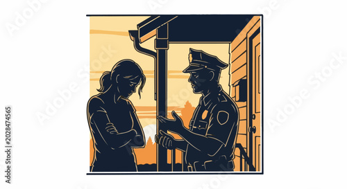 Officer speaks with distressed woman on porch at sunset