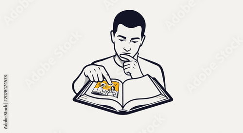 Person pondering over an open book with illustrated pages