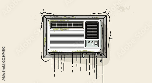 Old, dirty window air conditioner with mold and drips on a textured wall