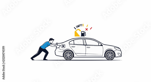 Person pushing an empty car with a fuel gauge showing empty