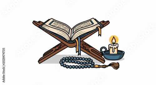 Open book on stand with prayer beads and lit candle