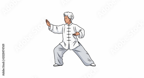 Person practicing a slow, deliberate martial art in traditional loose clothing and white hair