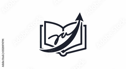 Open book with a curved upward arrow and stylized script