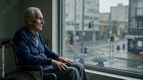 Lonely elderly man in wheelchair looking out window on a rainy day.