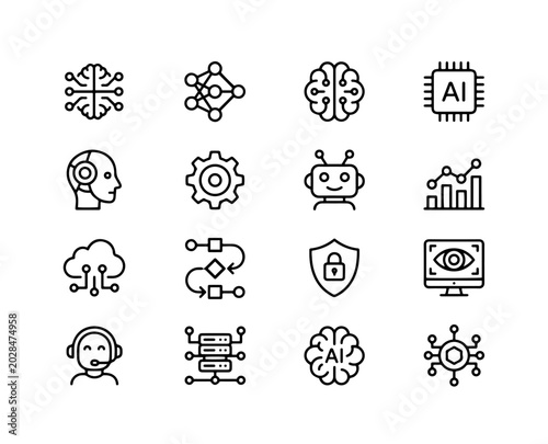 Artificial intelligence vector line icon set containing AI brain, neural network, chip, robot, cyborg, cloud computing, workflow, data server, eye monitor.