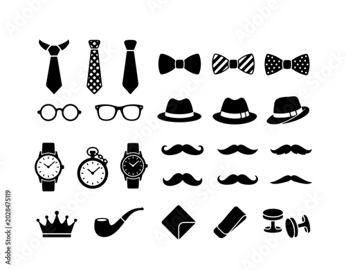 Fathers Day gentleman vector silhouette set containing necktie, bow tie, glasses, fedora hat, wristwatch, pocket watch, mustache, crown, smoking pipe, cufflink.