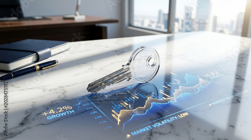 Modern office workspace with futuristic key and digital analytics dashboard on glass desk. Business concept featuring data visualization and security symbolism.