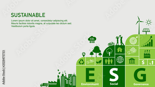 Sustainable ESG concept vector illustration with icons for environment, social, and governance. Abstract green background featuring renewable energy, eco city, and corporate responsibility graphics