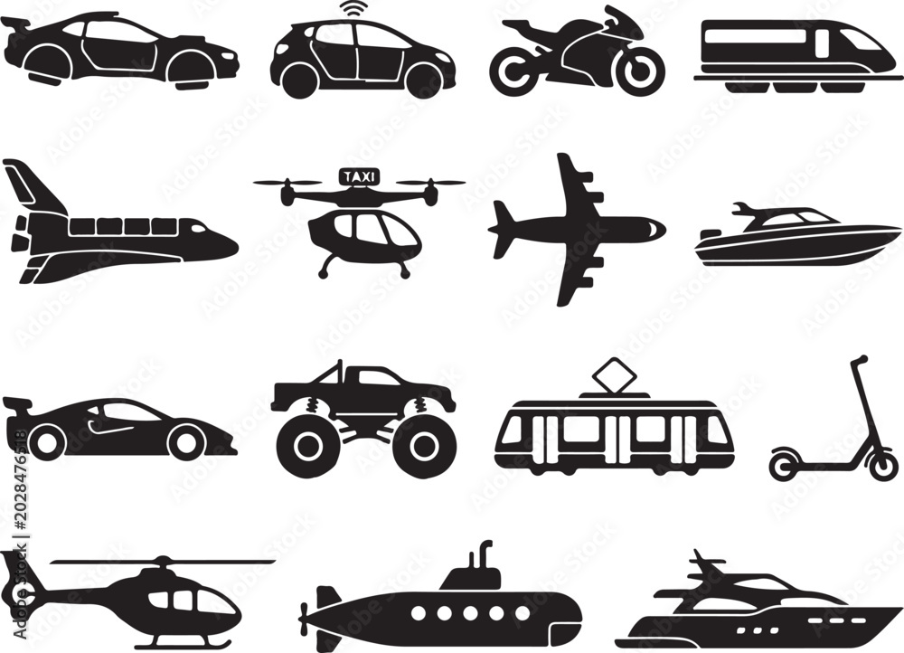 Obraz premium Transportation icons, vehicle silhouettes, 16 black graphics, cars, trucks, planes, boats, vector illustrations