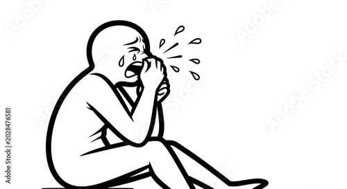 Cuadro en lienzo Simple black and white line drawing of a person sitting, hunched over, and crying intensely, expressing deep sadness and emotional distress