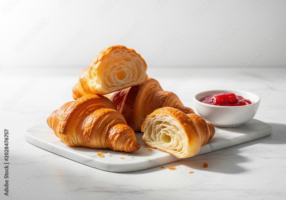 © Mikhail - Freshly baked croissants with cherry jam on a marble board for a classic french breakfast © Mikhail - Freshly baked croissants with cherry jam on a marble board for a classic french breakfast