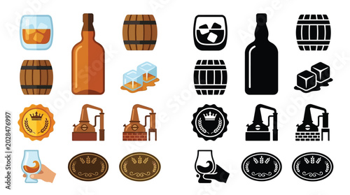 Canvastavla Collection of flat icons representing whiskey production and consumption, including bottles, barrels, glasses, and distillation equipment
