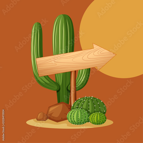 Flat Vector Desert Cactus with Blank Wooden Arrow Sign at Sunset