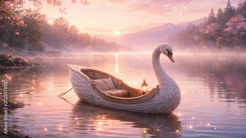 Elegant white swan boat floating on dreamy lake at sunrise with glowing water and peaceful scenery