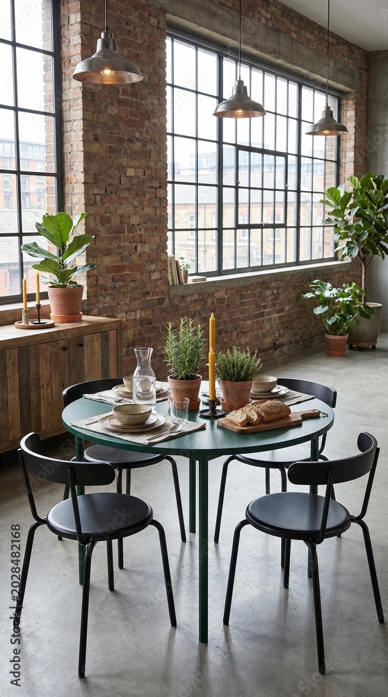 Fototapeta premium Modern Industrial Loft Dining Area with Round Table and Large Windows