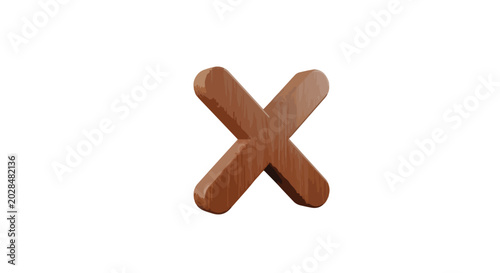 Obraz na plátně Wooden cross mark icon with 3D texture, brown timber letter X symbol for cancel
