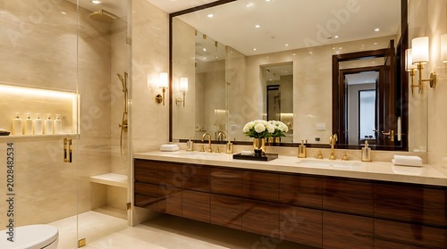 Elegant Bathroom Design with Large Mirror and Wooden Vanity.