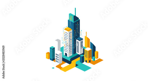 Isometric Smart City Vector Illustration with Futuristic Skyscrapers and Circuit Patterns for Technology Design