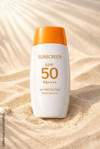 Sunscreen bottle SPF 50 on sandy beach under sunlight with high UV protection summer skincare concept