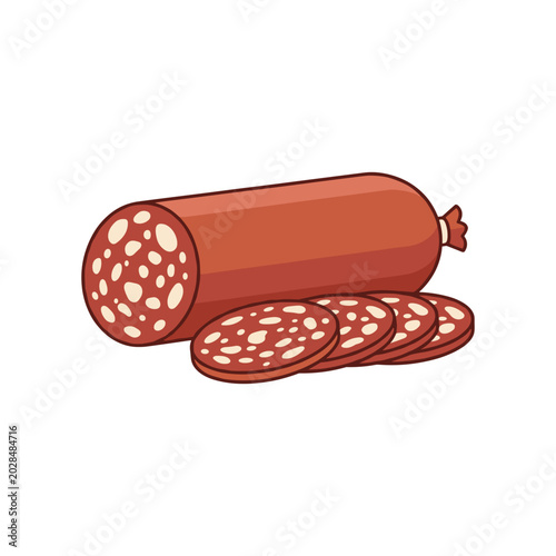 Salami sausage stick and slices vector illustration with charcuterie appetizer pepperoni culinary