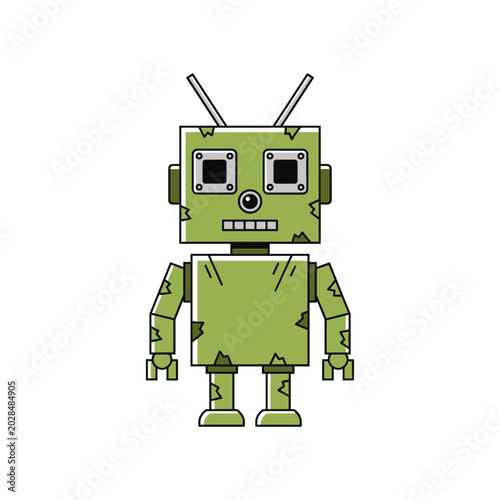 Retro green robot character vector illustration with sci fi science fiction character design
