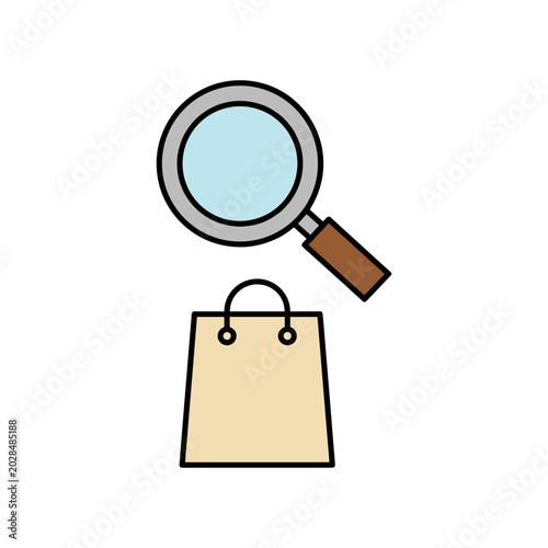 Magnifying glass over shopping bag icon for retail research with magnifying shopping research