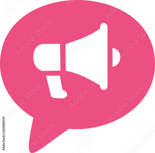 Pink speech bubble icon with megaphone, announcement symbol, marketing notification, loudspeaker news, promo alert, commercial shout button isolated on white vector